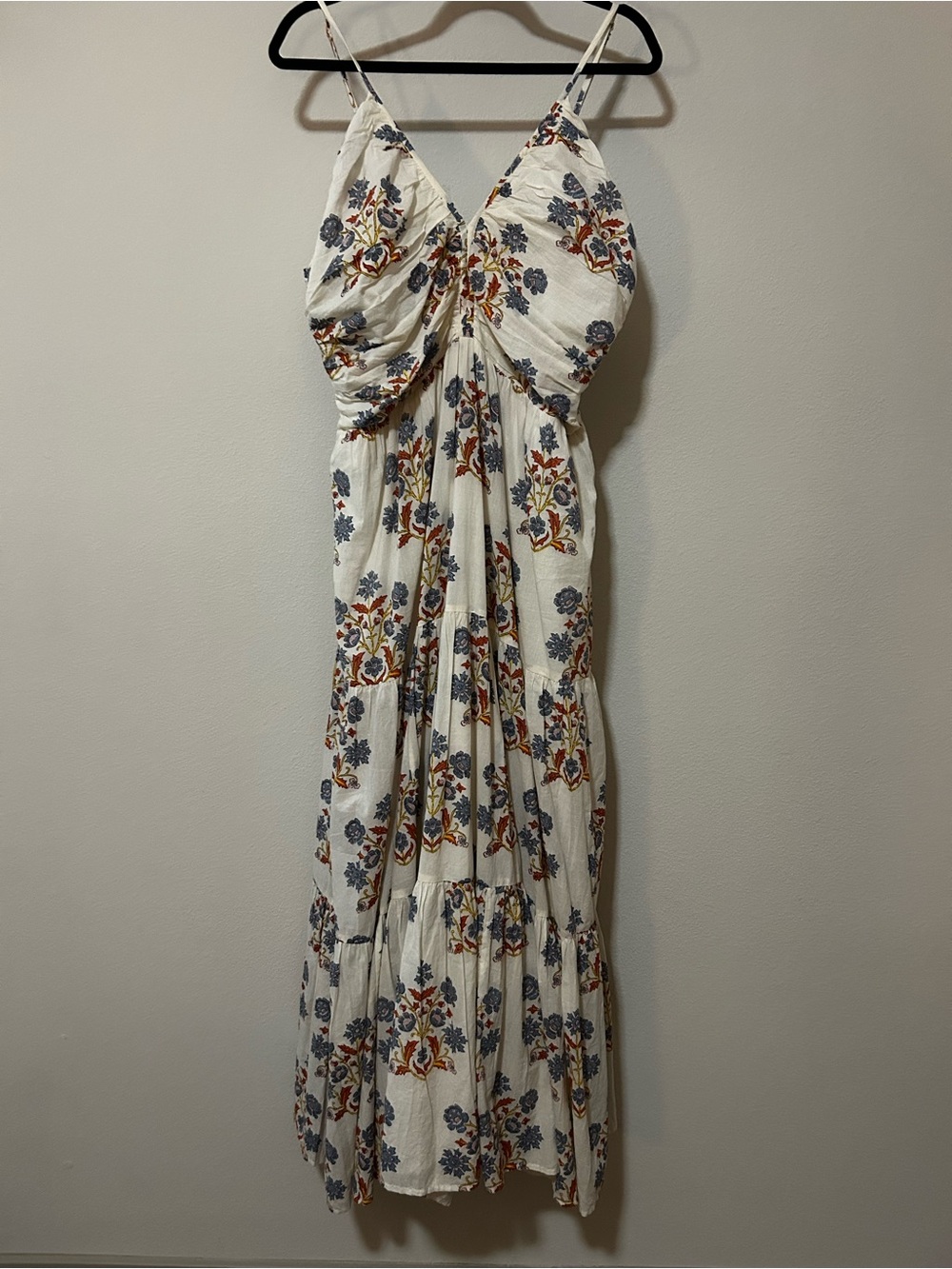Pink Chicken Floral White Maxi Dress with Blue & Orange Print